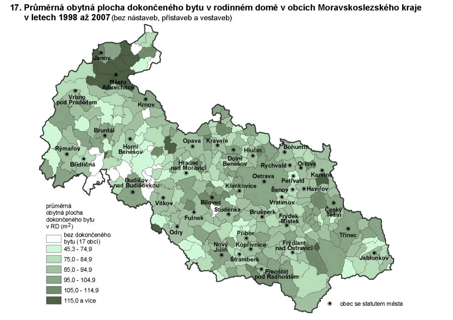 Kartogram 17. Průměrná obytná plocha dokončeného bytu v rodinném domě v obcích Moravskoslezského kraje v letech 1998 až 2007 (bez nástaveb, přístaveb a vestaveb)